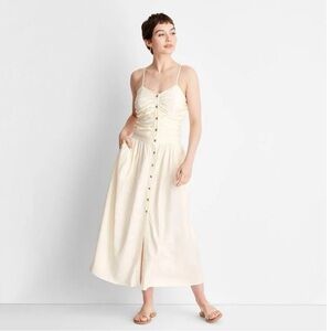 Cream Button-Front Ruched Midi/Maxi Dress festival fairy boho Medium